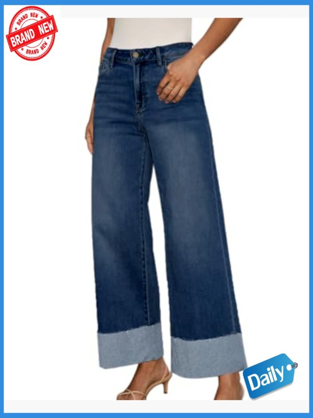 High Waisted Wide Leg Stretch Frayed Hem Boyfriend Jeans - Picture 3 of 5